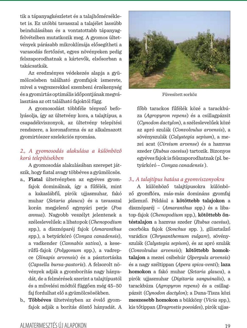 Az eredményes védekezés alapja a gyümölcsösben található gyomfajok ismerete, mivel a vegyszerekkel szembeni érzékenység és a gyomirtás optimális időpontjának megválasztása az ott található fajoktól