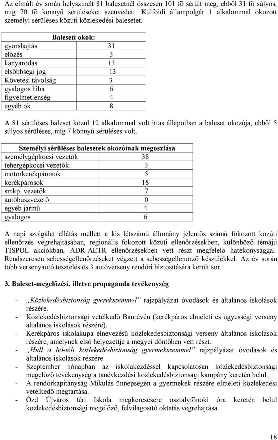 Baleseti okok: gyorshajtás 31 előzés 3 kanyarodás 13 elsőbbségi jog 13 Követési távolság 3 gyalogos hiba 6 figyelmetlenség 4 egyéb ok 8 A 81 sérüléses baleset közül 12 alkalommal volt ittas