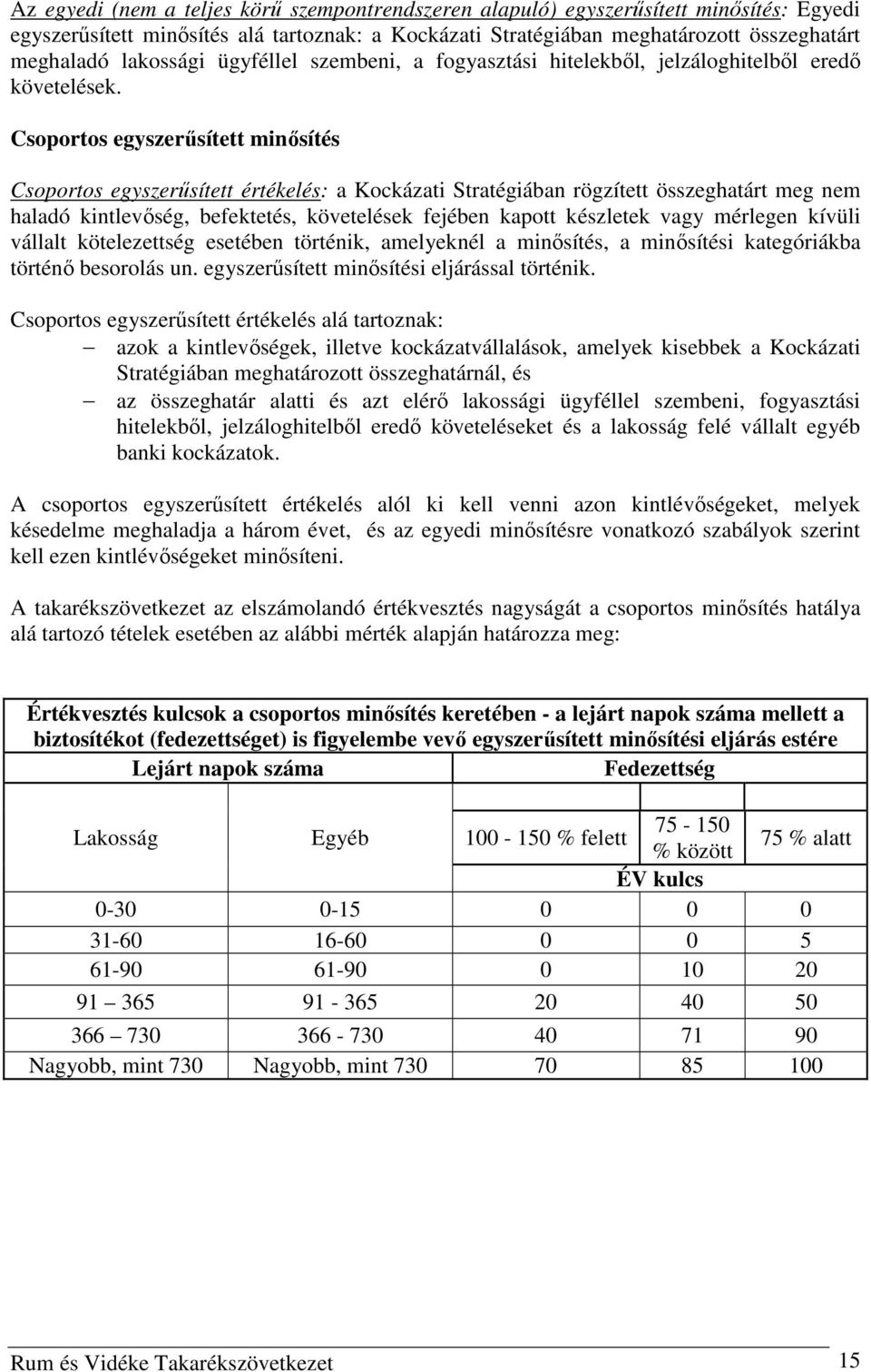 Csoportos egyszerűsített minősítés Csoportos egyszerűsített értékelés: a Kockázati Stratégiában rögzített összeghatárt meg nem haladó kintlevőség, befektetés, követelések fejében kapott készletek