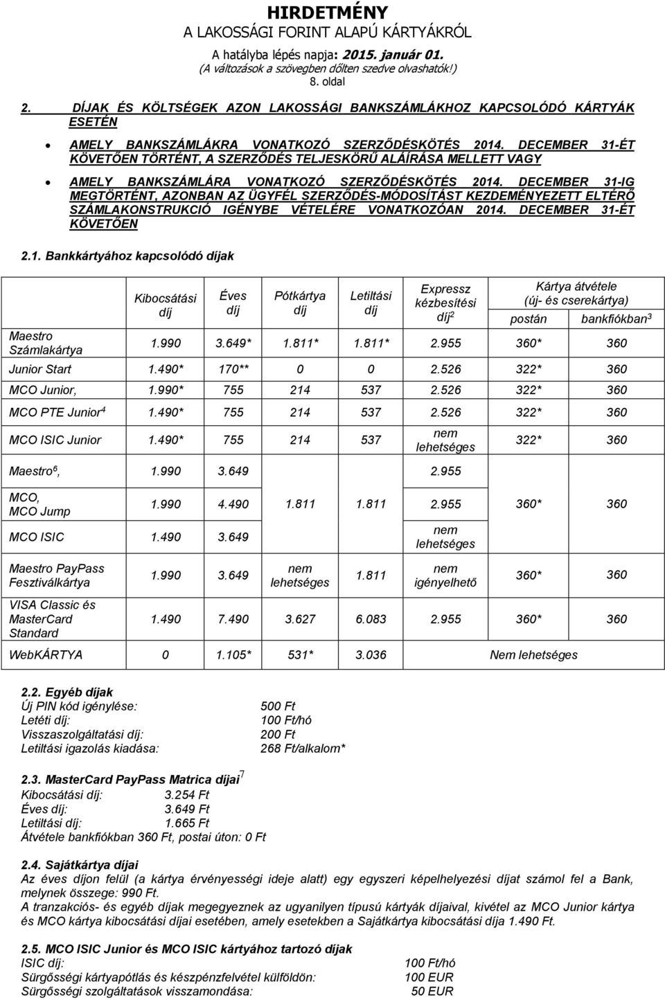 DECEMBER 31-IG MEGTÖRTÉNT, AZONBAN AZ ÜGYFÉL SZERZŐDÉS-MÓDOSÍTÁST KEZDEMÉNYEZETT ELTÉRŐ SZÁMLAKONSTRUKCIÓ IGÉNYBE VÉTELÉRE VONATKOZÓAN 2014. DECEMBER 31-ÉT KÖVETŐEN 2.1. Bankkártyához kapcsolódó ak Maestro Számlakártya Kibocsátási Éves Pótkártya Letiltási Expressz kézbesítési 2 Kártya átvétele (új- és cserekártya) postán bankfiókban 3 1.