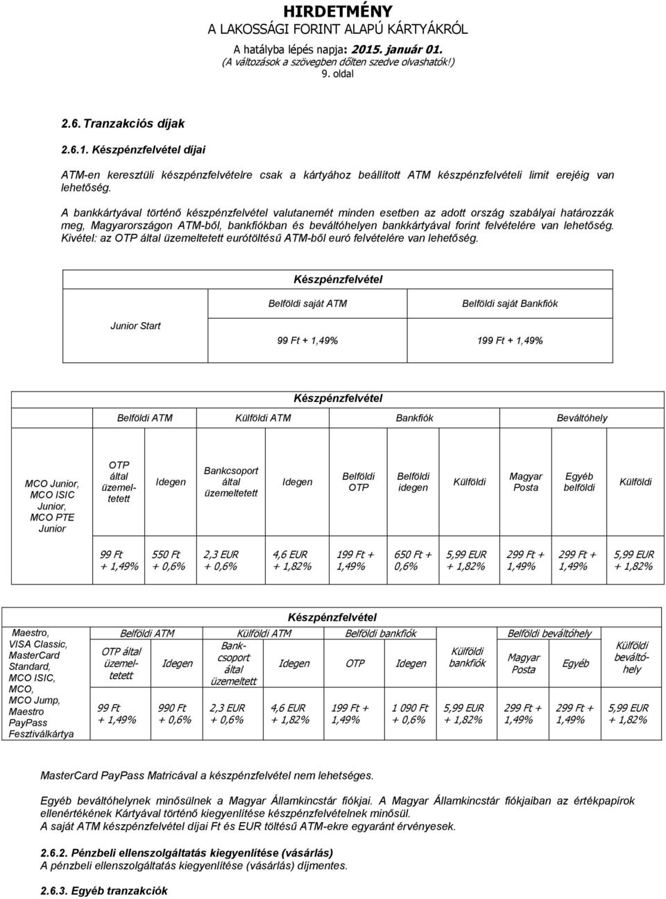 lehetőség. Kivétel: az OTP eurótöltésű ATM-ből euró felvételére van lehetőség.