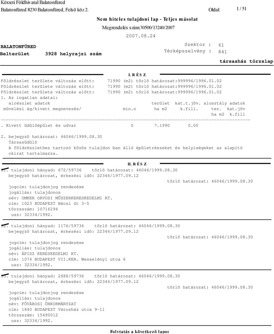 Az ingatlan adatai: alrészlet adatok terület kat.t.jöv. alosztály adatok mûvelési ág/kivett megnevezés/ min.o ha m2 k.fill. ter. kat.jöv ha m2 k.