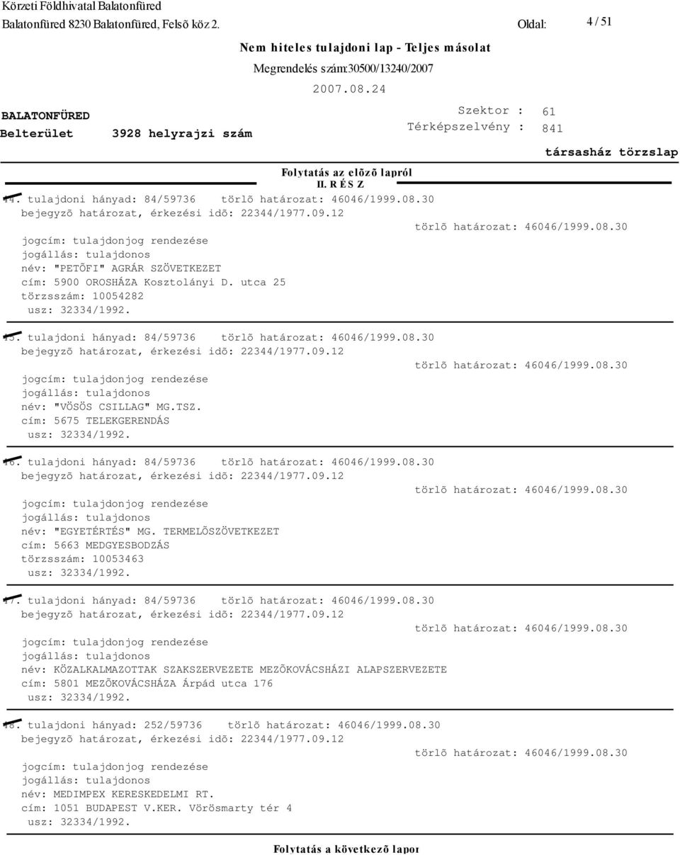 tulajdoni hányad: 84/59736 név: "EGYETÉRTÉS" MG. TERMELÕSZÖVETKEZET cím: 5663 MEDGYESBODZÁS törzsszám: 10053463 47.