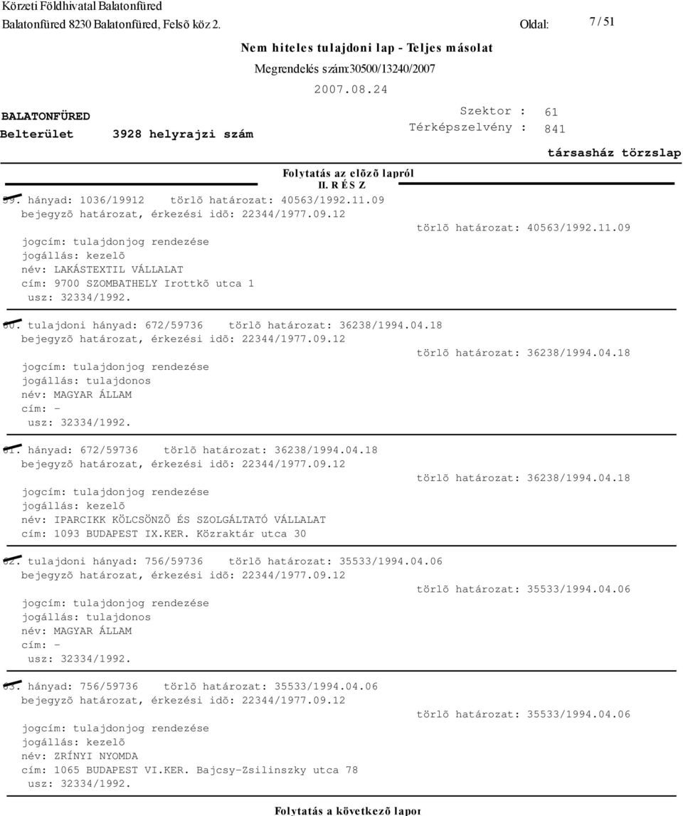 KER. Közraktár utca 30 törlõ határozat: 36238/1994.04.18 62. tulajdoni hányad: 756/59736 törlõ határozat: 35533/1994.04.06 törlõ határozat: 35533/1994.04.06 63.