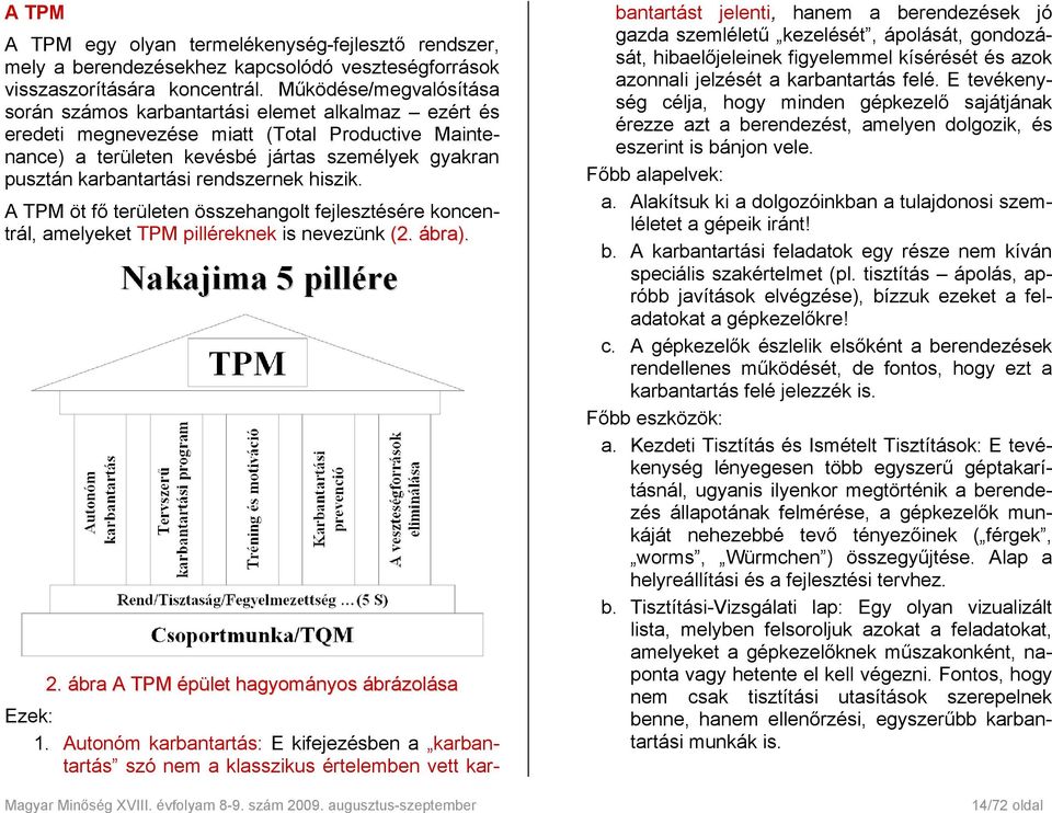 rendszernek hiszik. A TPM öt fő területen összehangolt fejlesztésére koncentrál, amelyeket TPM pilléreknek is nevezünk (2. ábra). 2. ábra A TPM épület hagyományos ábrázolása Ezek: 1.