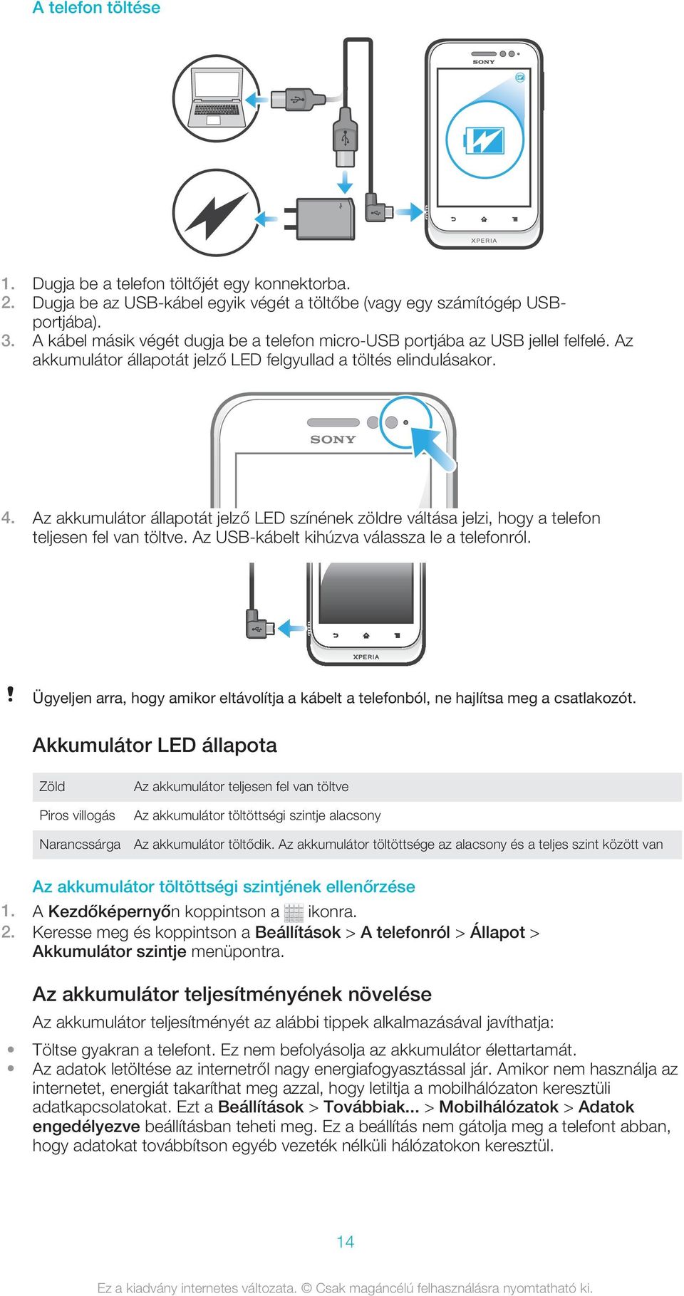 Az akkumulátor állapotát jelző LED színének zöldre váltása jelzi, hogy a telefon teljesen fel van töltve. Az USB-kábelt kihúzva válassza le a telefonról.