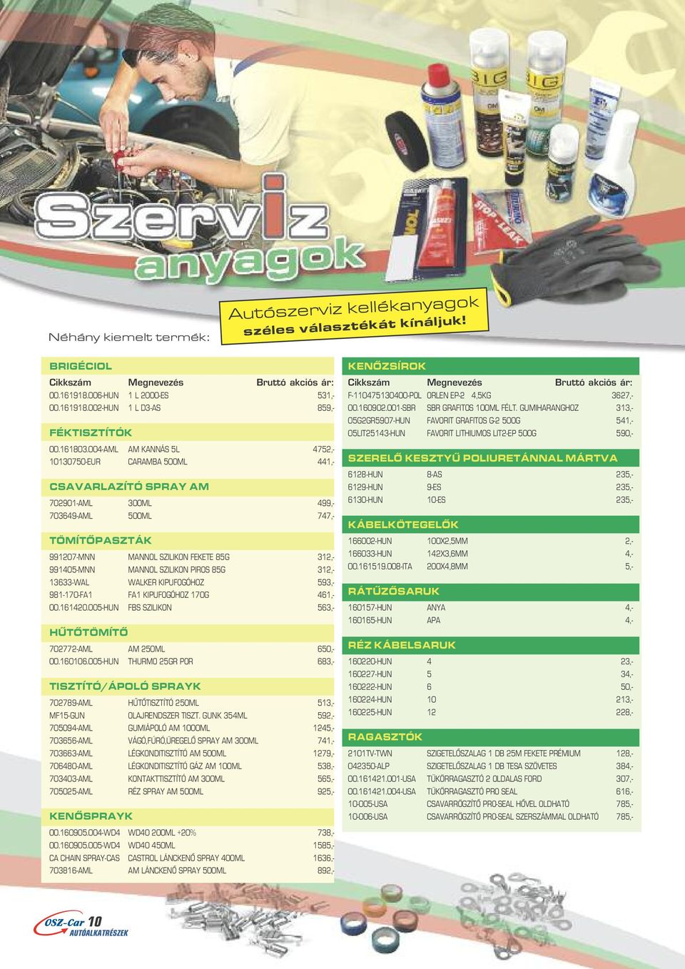 004-AML AM KANNÁS 5L 4752,- 10130750-EUR CARAMBA 500ML 441,- CSAVARLAZÍTÓ SPRAY AM 702901-AML 300ML 499,- 703649-AML 500ML 747,- TÖMÍTÔPASZTÁK 991207-MNN MANNOL SZILIKON FEKETE 85G 312,- 991405-MNN