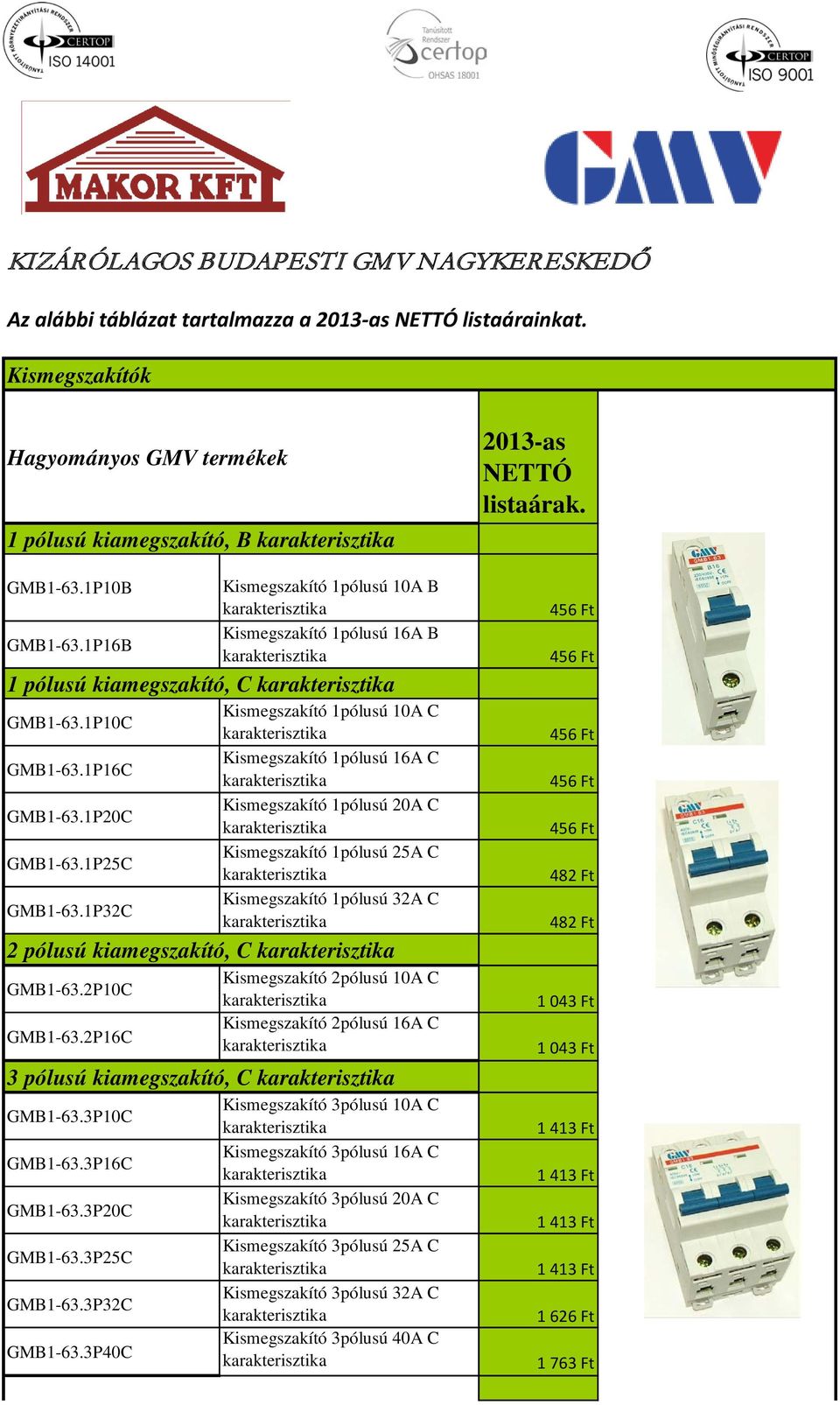 1P32C Kismegszakító 1pólusú 10A C Kismegszakító 1pólusú 16A C Kismegszakító 1pólusú 20A C Kismegszakító 1pólusú 25A C Kismegszakító 1pólusú 32A C 2 pólusú kiamegszakító, C GMB1-63.2P10C GMB1-63.