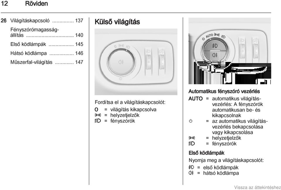 vezérlés AUTO = automatikus világításvezérlés: A fényszórók automatikusan be- és kikapcsolnak m = az automatikus világításvezérlés