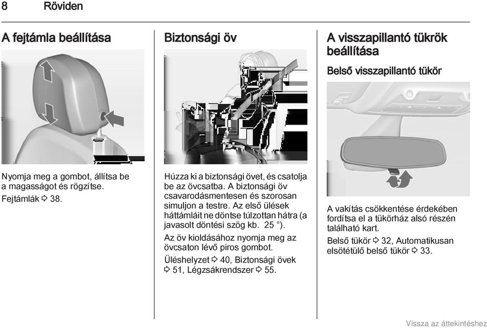 Az első ülések háttámláit ne döntse túlzottan hátra (a javasolt döntési szög kb. 25 ). Az öv kioldásához nyomja meg az övcsaton lévő piros gombot.