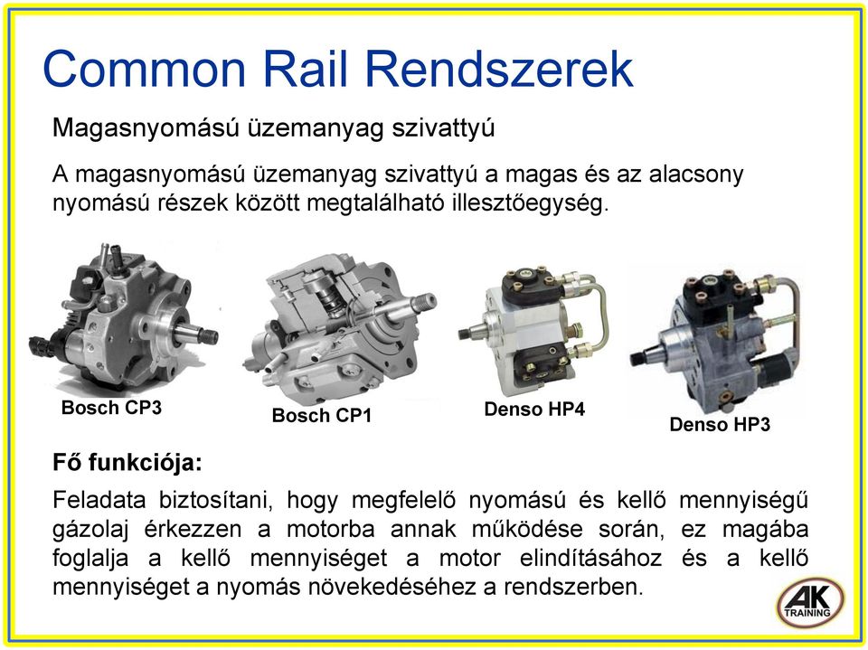 Bosch CP3 Fő funkciója: Bosch CP1 Denso HP4 Denso HP3 Feladata biztosítani, hogy megfelelő nyomású és kellő