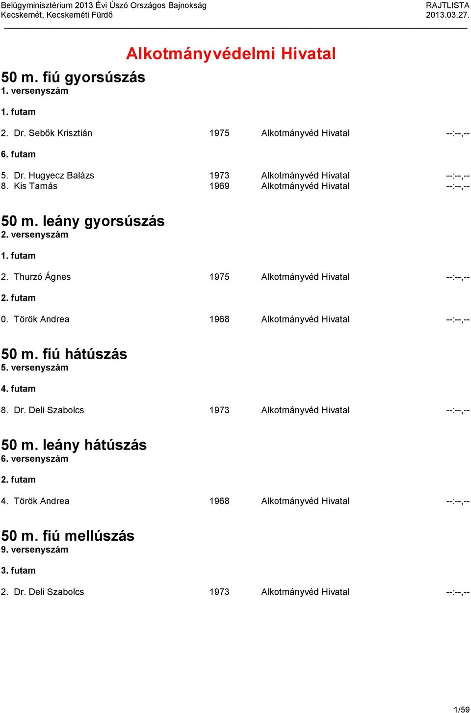 Török Andrea 1968 Alkotmányvéd Hivatal --:--,-- 50 m. fiú hátúszás 5. versenyszám 8. Dr. Deli Szabolcs 1973 Alkotmányvéd Hivatal --:--,-- 50 m.