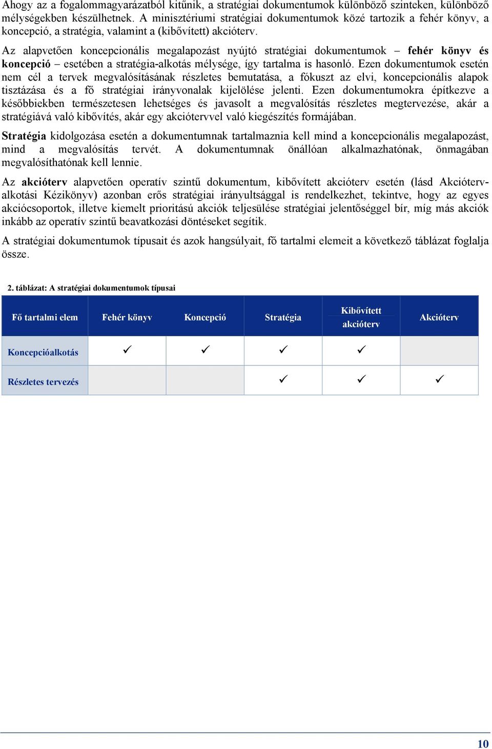 Az alapvetően koncepcionális megalapozást nyújtó stratégiai dokumentumok fehér könyv és koncepció esetében a stratégia-alkotás mélysége, így tartalma is hasonló.
