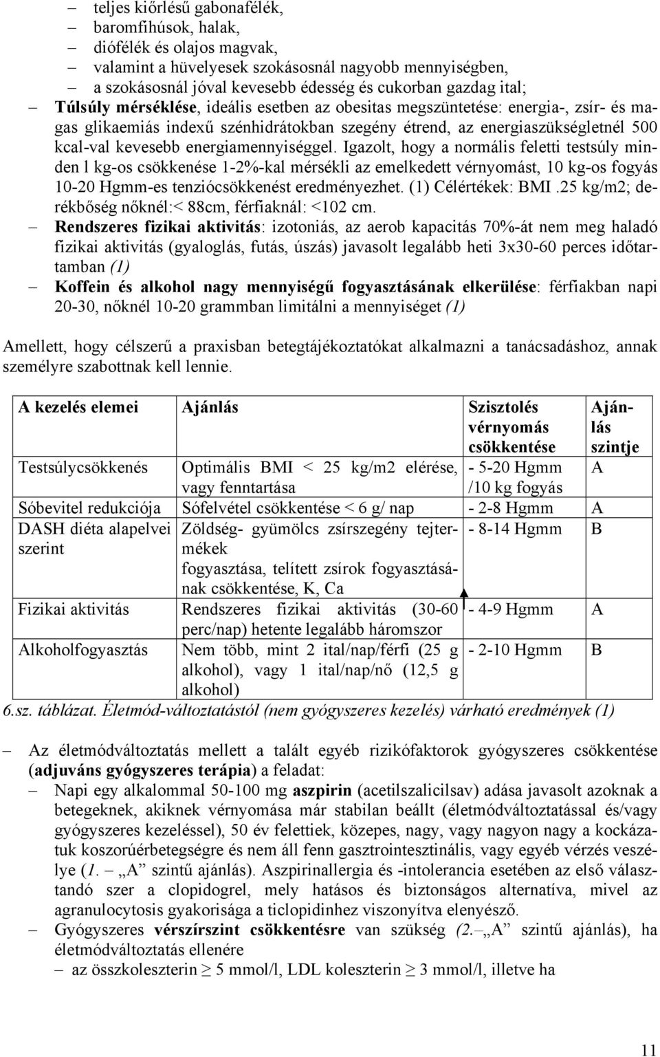 energiamennyiséggel. Igazolt, hogy a normális feletti testsúly minden l kg-os csökkenése 1-2%-kal mérsékli az emelkedett vérnyomást, 10 kg-os fogyás 10-20 Hgmm-es tenziócsökkenést eredményezhet.