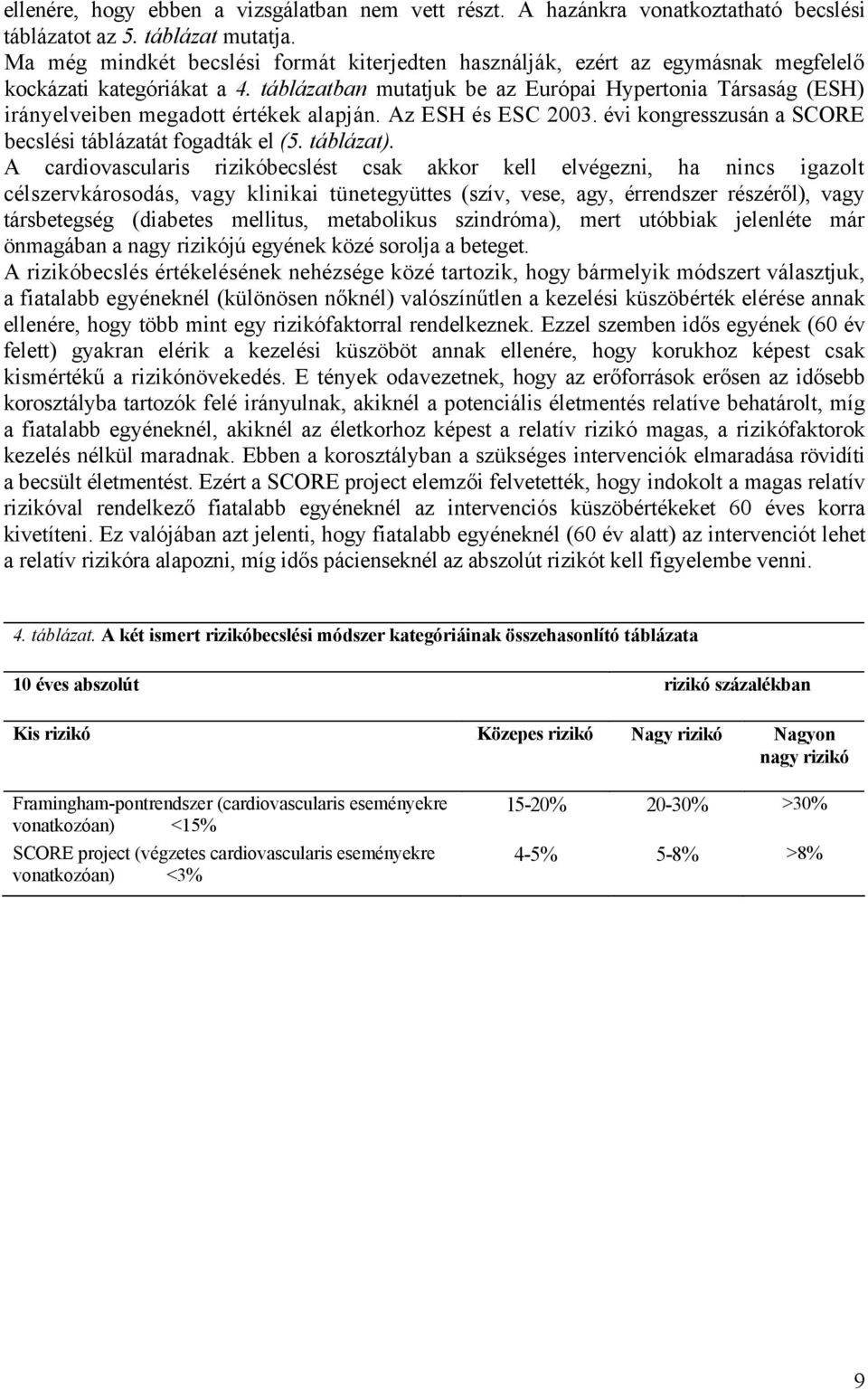 táblázatban mutatjuk be az Európai Hypertonia Társaság (ESH) irányelveiben megadott értékek alapján. Az ESH és ESC 2003. évi kongresszusán a SCORE becslési táblázatát fogadták el (5. táblázat).