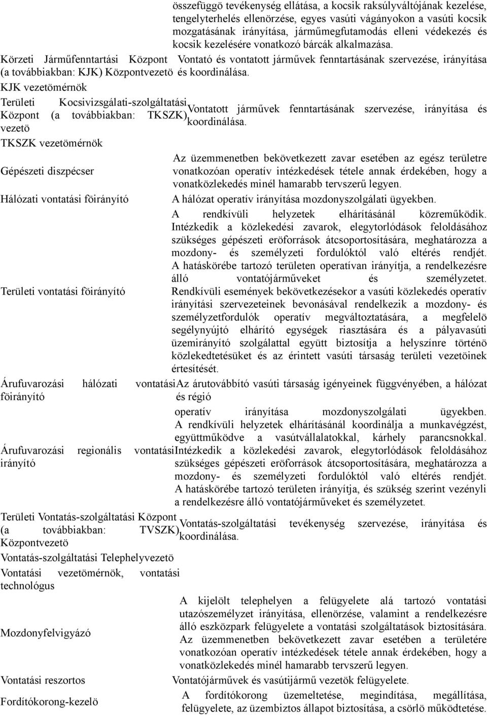 Körzeti Járműfenntartási Központ Vontató és vontatott járművek fenntartásának szervezése, irányítása (a továbbiakban: KJK) Központvezetö és koordinálása.