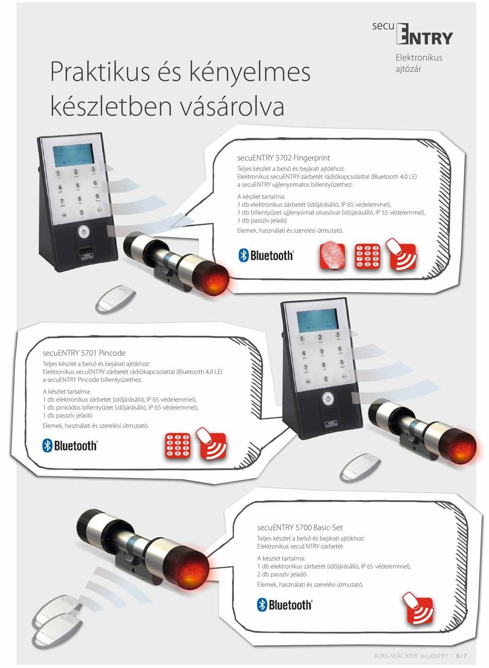 A készlet tartalma: 1 db elektronikus zárbetét (időjárásálló, IP 65 védelemmel), 1 db billentyűzet ujjlenyomat olvasóval (időjárásálló, IP 55 védelemmel), 1 db passzív jeladó Elemek, használati és