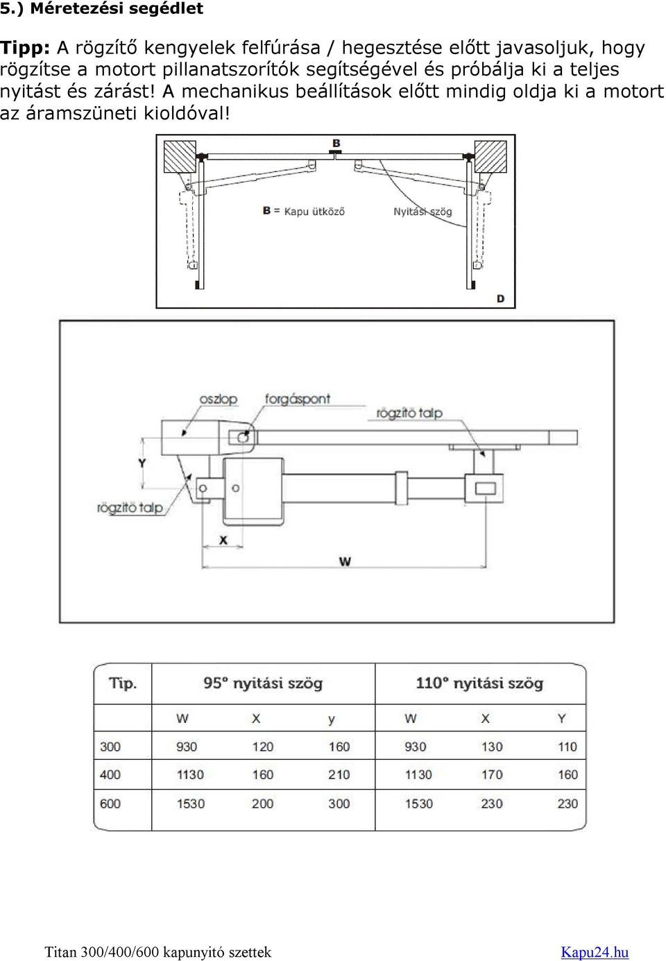 Titan 300/400/600. Telepítési és használati útmutató. 1.) Motorokra  vonatkozó műszaki adatok. 2.) Motorok méretei. Titan 300/400/600 kapunyitó  szettek - PDF Free Download