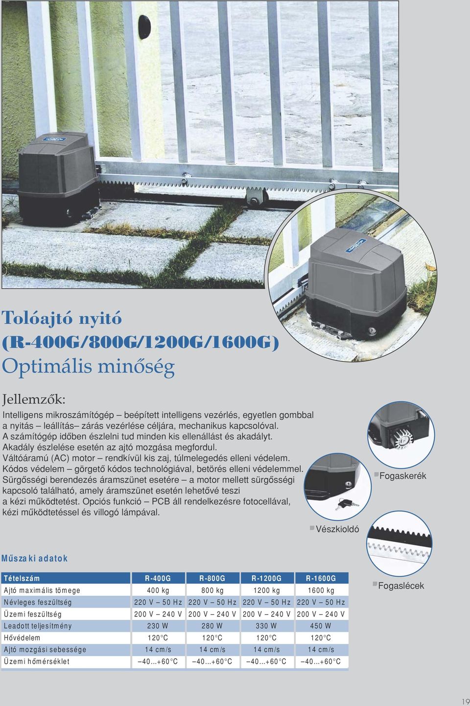 Váltóáramú (AC) motor rendkívül kis zaj, túlmelegedés elleni védelem. Kódos védelem görgetô kódos technológiával, betörés elleni védelemmel.