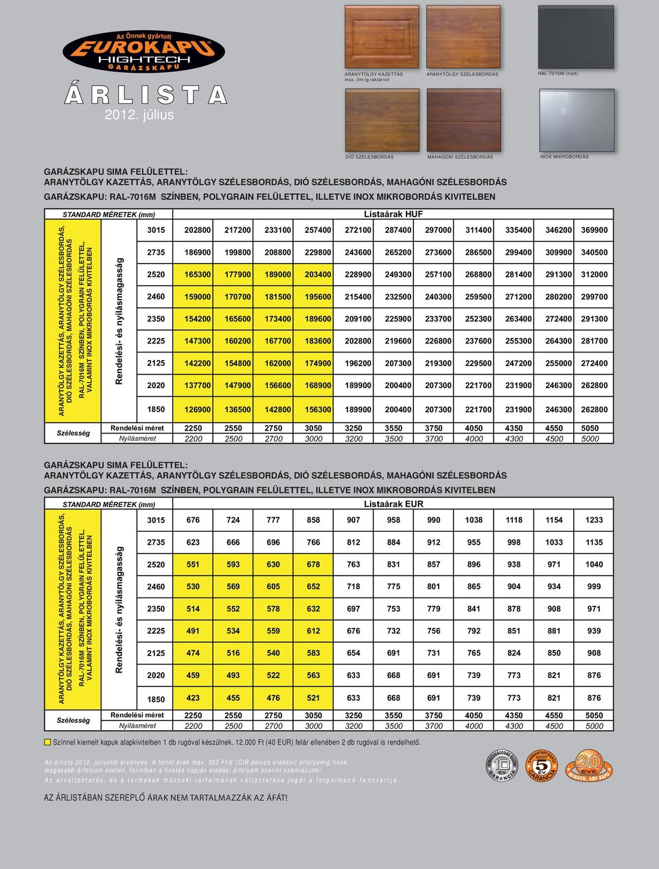 SZÉLESBORDÁS GARÁZSKAPU: RAL-7016M SZÍNBEN, POLYGRAIN FELÜLETTEL, ILLETVE INOX MIKROBORDÁS KIVITELBEN STANDARD MÉRETEK (mm) ARANYTÖLGY KAZETTÁS, ARANYTÖLGY SZÉLESBORDÁS, DIÓ SZÉLESBORDÁS, MAHAGÓNI