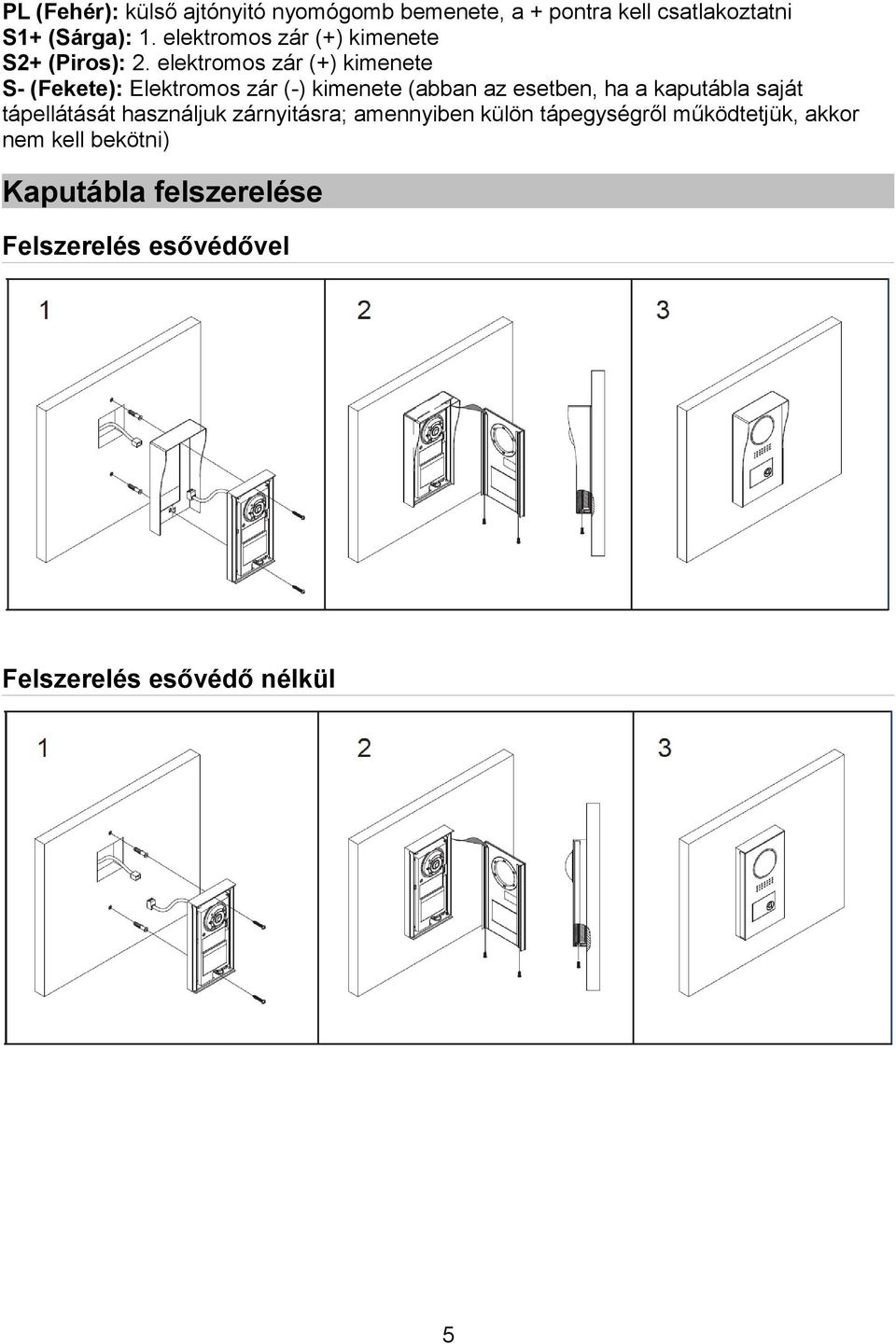 elektromos zár (+) kimenete S- (Fekete): Elektromos zár (-) kimenete (abban az esetben, ha a kaputábla