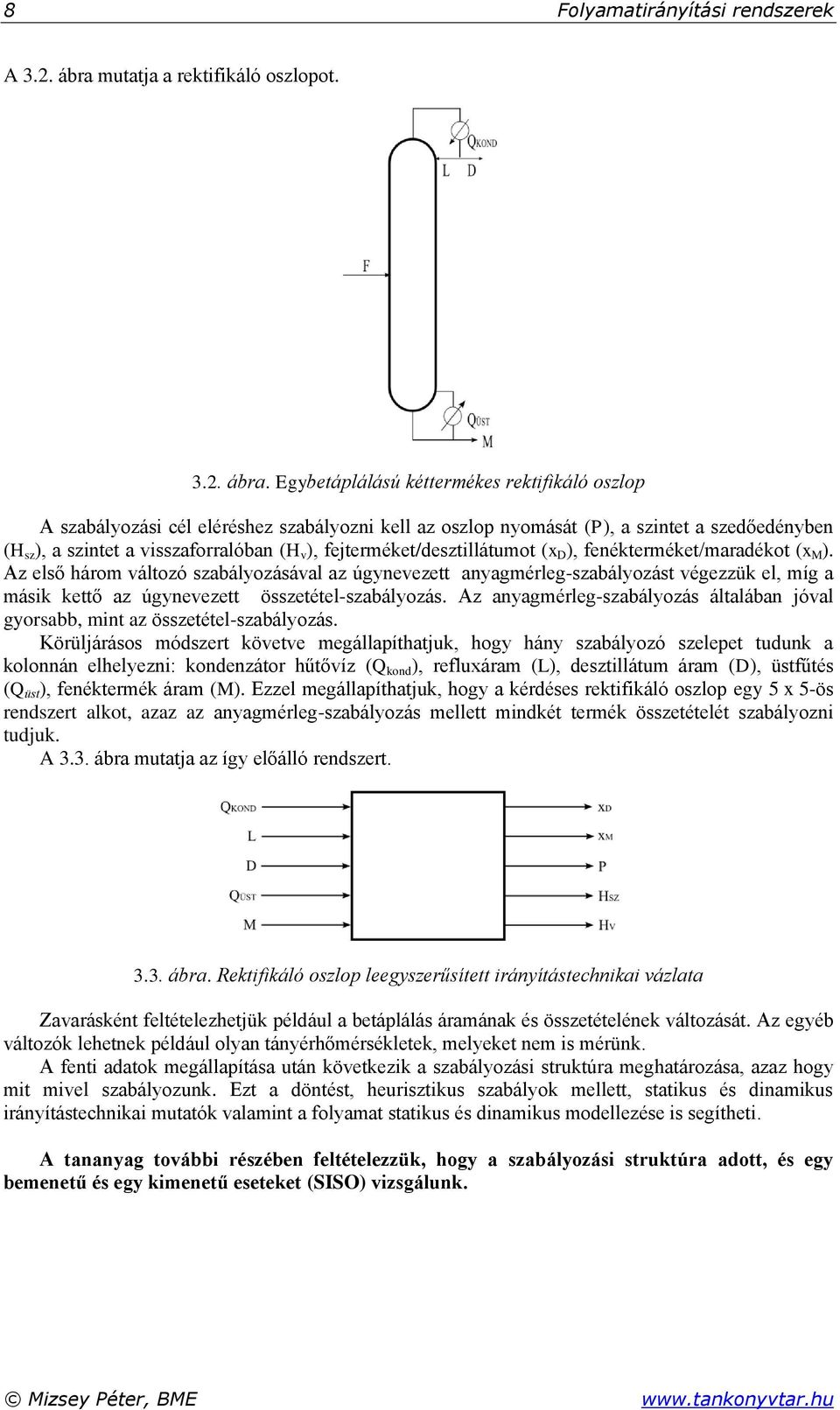 Egybetáplálású kéttermékes rektifikáló oszlop A szabályozási cél eléréshez szabályozni kell az oszlop nyomását (P), a szintet a szedőedényben (H sz ), a szintet a visszaforralóban (H v ),