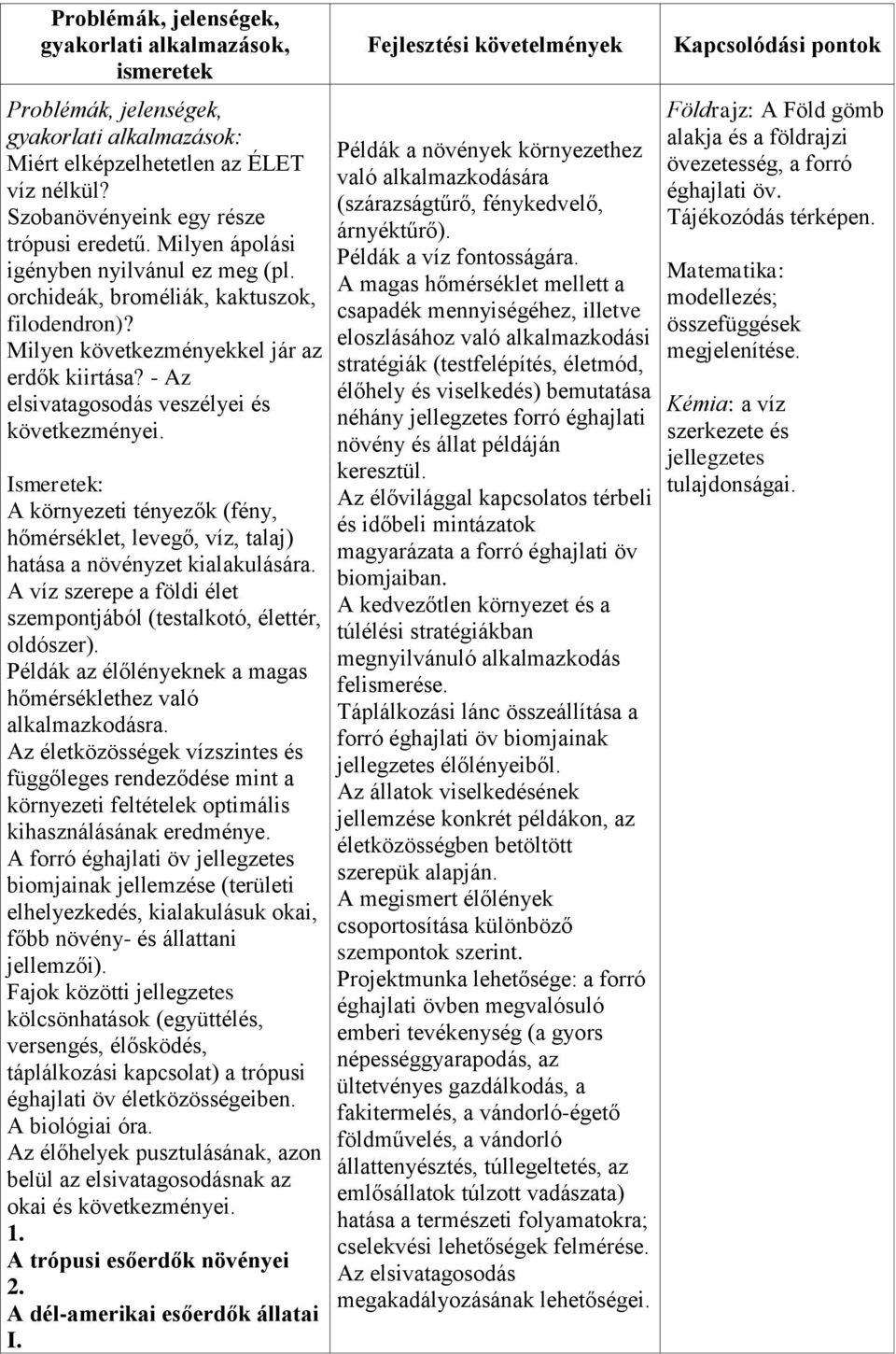 Ismeretek: A környezeti tényezők (fény, hőmérséklet, levegő, víz, talaj) hatása a növényzet kialakulására. A víz szerepe a földi élet szempontjából (testalkotó, élettér, oldószer).