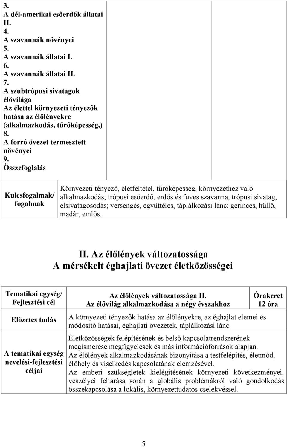 Összefoglalás Kulcsfogalmak/ fogalmak Környezeti tényező, életfeltétel, tűrőképesség, környezethez való alkalmazkodás; trópusi esőerdő, erdős és füves szavanna, trópusi sivatag, elsivatagosodás;