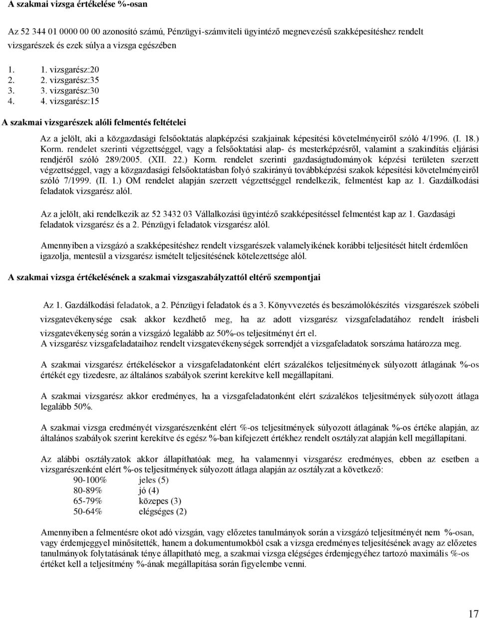 4. vizsgarész:15 A szakmai vizsgarészek alóli felmentés feltételei Az a jelölt, aki a közgazdasági felsőoktatás alapképzési szakjainak képesítési követelményeiről szóló 4/1996. (I. 18.) Korm.