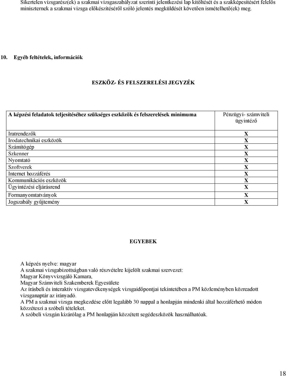 Egyéb feltételek, információk ESZKÖZ- ÉS FELSZERELÉSI JEGYZÉK A képzési feladatok teljesítéséhez szükséges eszközök és felszerelések minimuma Iratrendezők Irodatechnikai eszközök Számítógép Szkenner