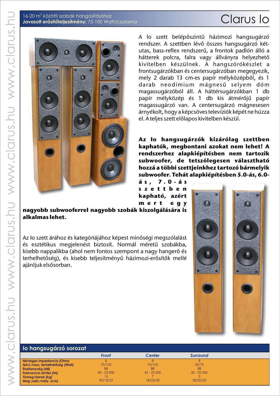 A hangszórókészlet a frontsugárzókban és centersugárzóban megegyezik, mely darab 13 cm-es papír mélyközépből, és 1 d a ra b n e o d í m i u m m á g n e s ű s e lye m d ó m magassugárzóból áll.