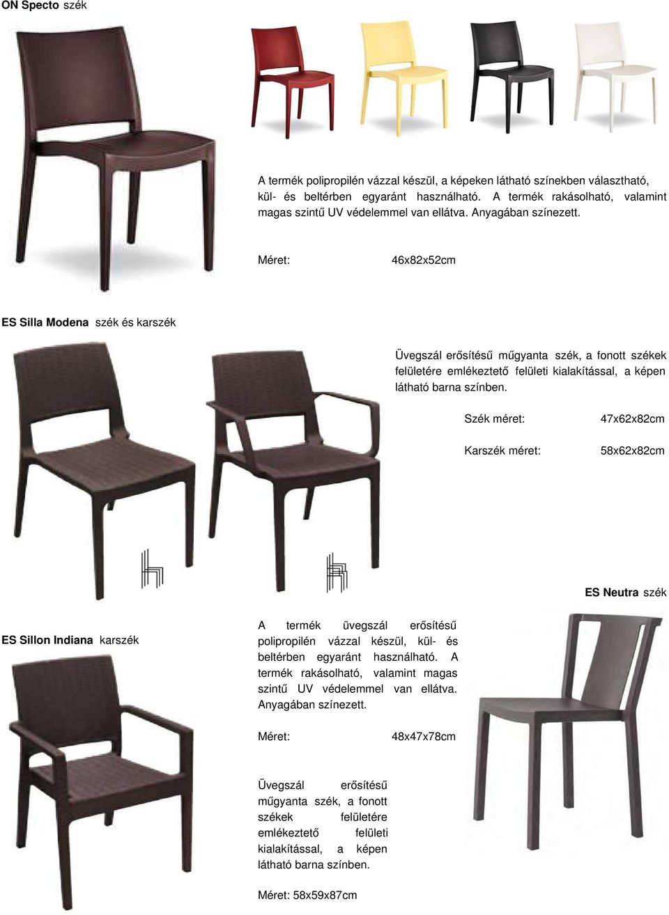 46x82x52cm ES Silla Modena szék és karszék Üvegszál erősítésű műgyanta szék, a fonott székek felületére emlékeztető felületi kialakítással, a képen látható barna színben.