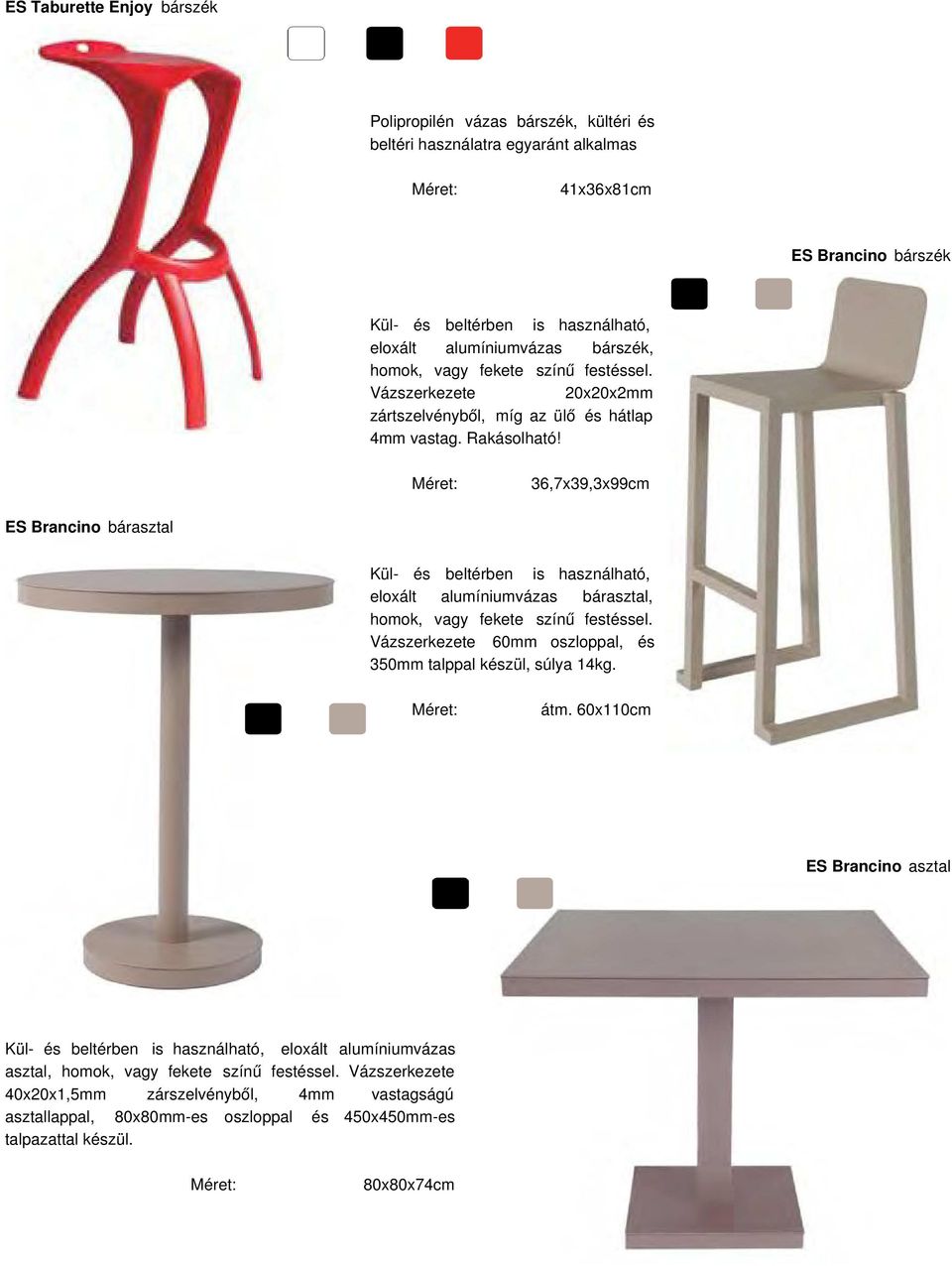36,7x39,3x99cm ES Brancino bárasztal Kül- és beltérben is használható, eloxált alumíniumvázas bárasztal, homok, vagy fekete színű festéssel.