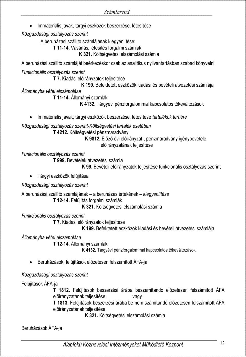 Funkcionális osztályozás szerint T 7. Kiadási előirányzatok teljesítése K 199. Befektetett eszközök kiadási és bevételi átvezetési számlája Állományba vétel elszámolása T 11-14.