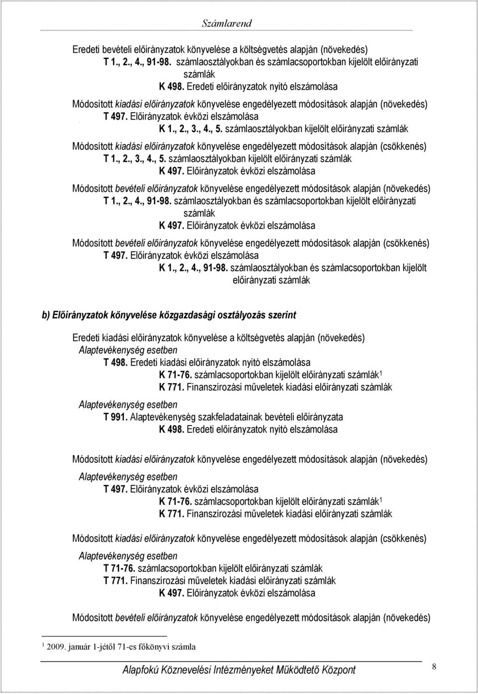 számlaosztályokban kijelölt előirányzati számlák Módosított kiadási előirányzatok könyvelése engedélyezett módosítások alapján (csökkenés) T 1., 2., 3., 4., 5.