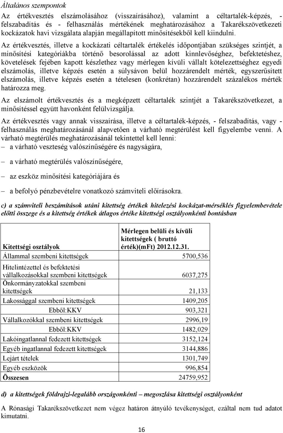 Az értékvesztés, illetve a kockázati céltartalék értékelés időpontjában szükséges szintjét, a minősítési kategóriákba történő besorolással az adott kinnlevőséghez, befektetéshez, követelések fejében