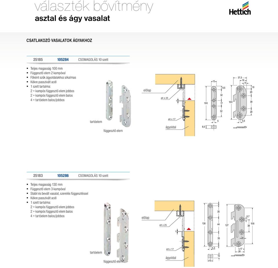 x 17 ágyoldal 8,5 5 5,5 25183 105286 CSOMAGOLÁS 10 szett Teljes magasság 130 mm Függesztő elem 3 kampóval Stabil és bevált vasalat, szerelés függesztéssel Kékre passzivált acél 1 szett