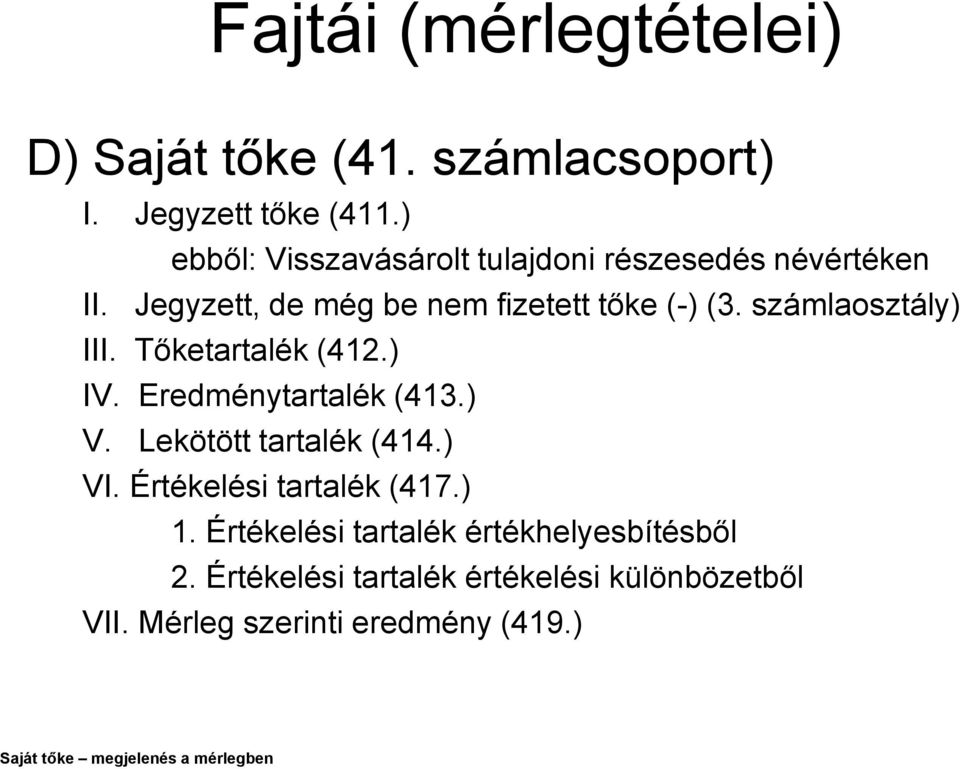 számlaosztály) III. Tőketartalék (412.) IV. Eredménytartalék (413.) V. Lekötött tartalék (414.) VI.