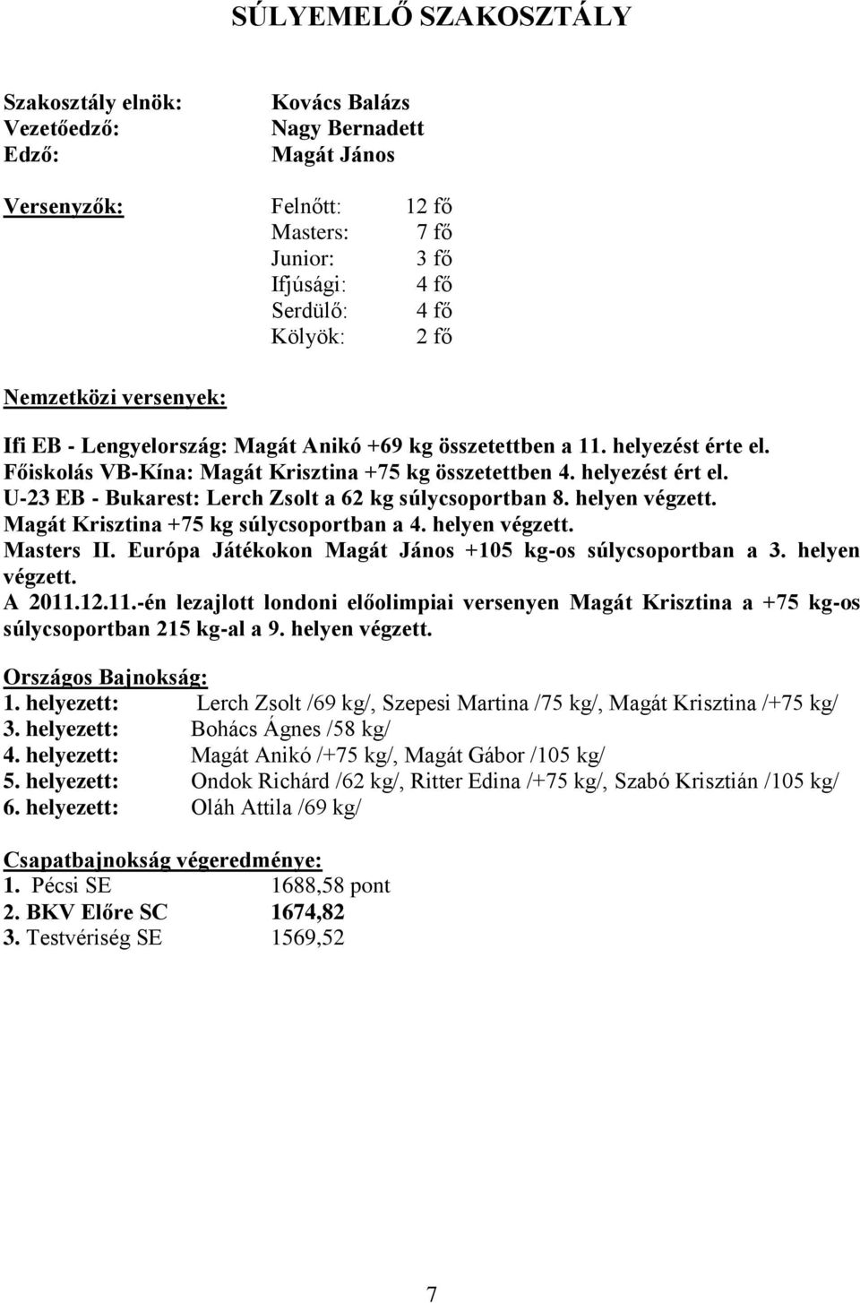 U-23 EB - Bukarest: Lerch Zsolt a 62 kg súlycsoportban 8. helyen végzett. Magát Krisztina +75 kg súlycsoportban a 4. helyen végzett. Masters II.