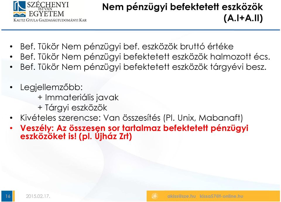Tükör Nem pénzügyi befektetett eszközök tárgyévi besz.