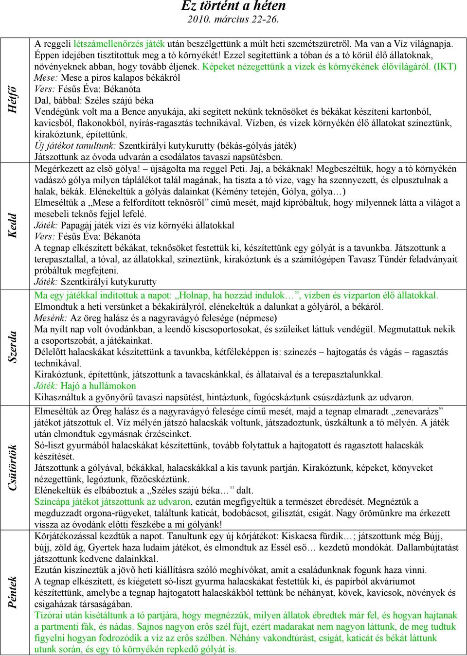 (IKT) Mese: Mese a piros kalapos békákról Vers: Fésűs Éva: Békanóta Dal, bábbal: Széles szájú béka Vendégünk volt ma a Bence anyukája, aki segített nekünk teknősöket és békákat készíteni kartonból,