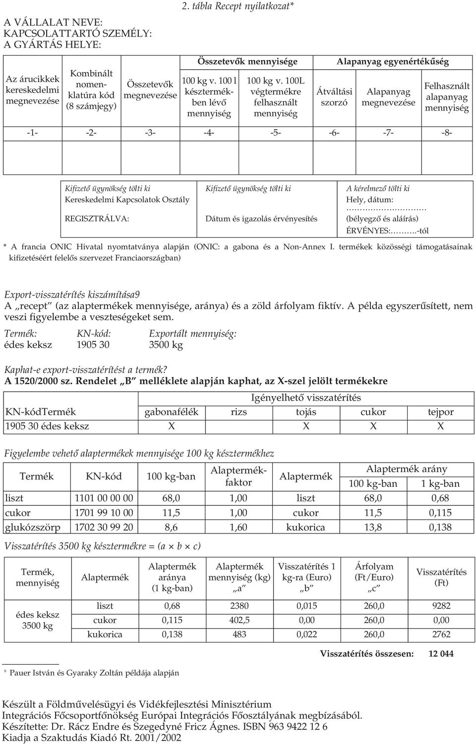 100L végtermékre felhasznált mennyiség Átváltási szorzó Alapanyag egyenértékûség Alapanyag megnevezése Felhasznált alapanyag mennyiség -1- -2- Kifizetô ügynökség tölti ki Kereskedelmi Kapcsolatok