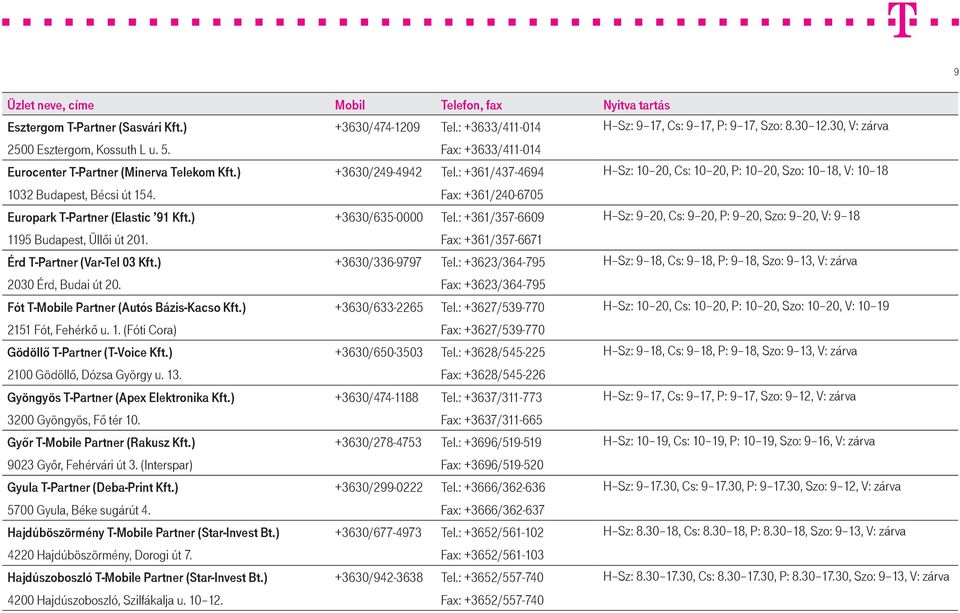 Fax: +361/240-6705 Europark T-Partner (Elastic 91 Kft.) +3630/635-0000 Tel.: +361/357-6609 H Sz: 9 20, Cs: 9 20, P: 9 20, Szo: 9 20, V: 9 18 1195 Budapest, Üllői út 201.