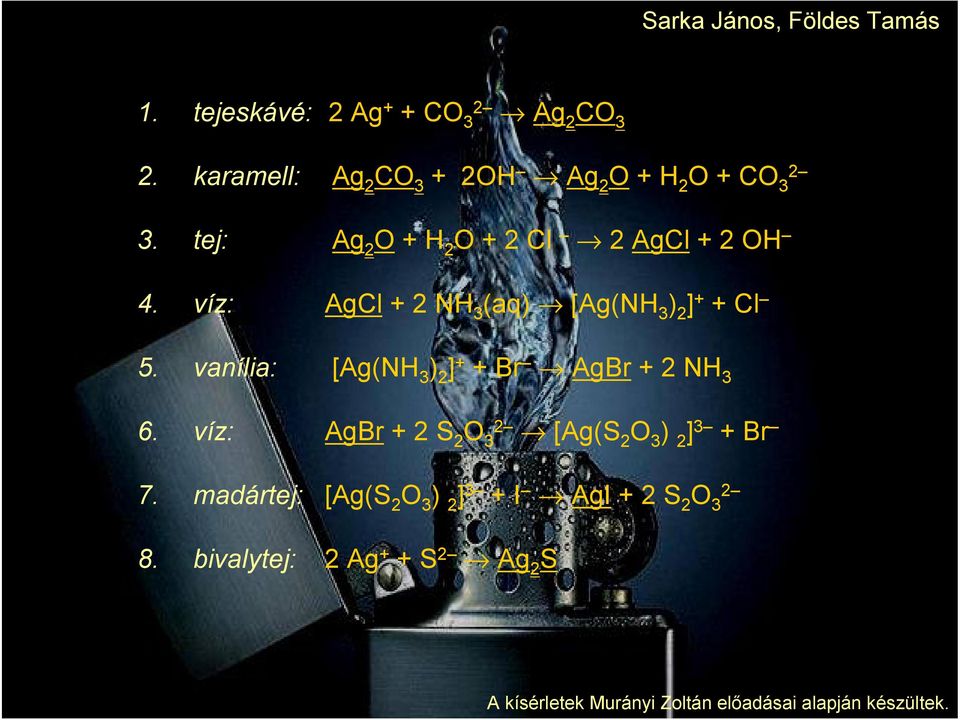 víz: AgCl + 2 NH 3 (aq) [Ag(NH 3 ) 2 ] + + Cl 5. vanília: [Ag(NH 3 ) 2 ] + + Br AgBr + 2 NH 3 6.