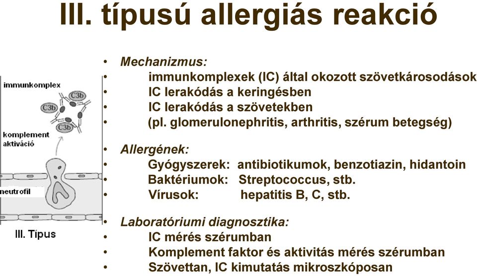 glomerulonephritis, arthritis, szérum betegség) Allergének: Gyógyszerek: antibiotikumok, benzotiazin, hidantoin