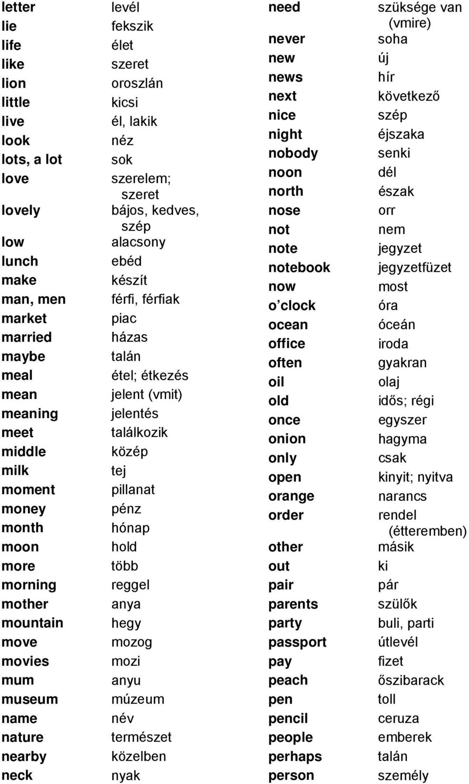 hold more több morning reggel mother anya mountain hegy move mozog movies mozi mum anyu museum múzeum name név nature természet nearby közelben neck nyak need szüksége van (vmire) never soha new új