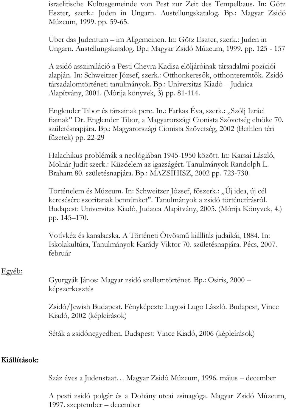 125-157 A zsidó asszimiláció a Pesti Chevra Kadisa elöljáróinak társadalmi pozíciói alapján. In: Schweitzer József, szerk.: Otthonkeresők, otthonteremtők. Zsidó társadalomtörténeti tanulmányok. Bp.