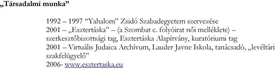 folyóirat női melléklete) szerkesztőbizottsági tag, Esztertáska Alapítvány,