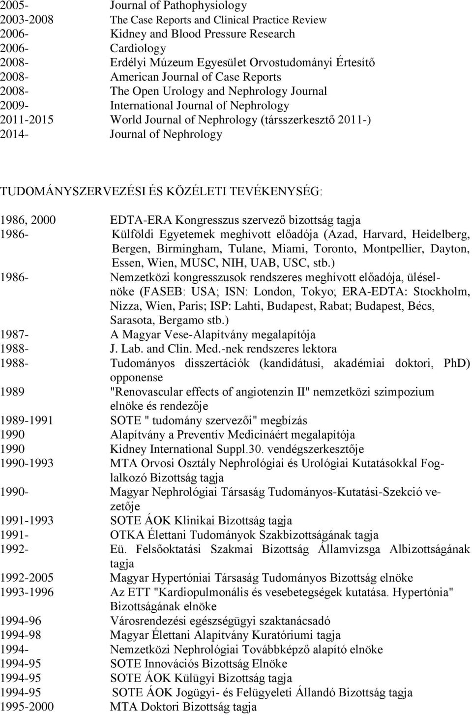2014- Journal of Nephrology TUDOMÁNYSZERVEZÉSI ÉS KÖZÉLETI TEVÉKENYSÉG: 1986, 2000 EDTA-ERA Kongresszus szervező bizottság tagja 1986- Külföldi Egyetemek meghívott előadója (Azad, Harvard,