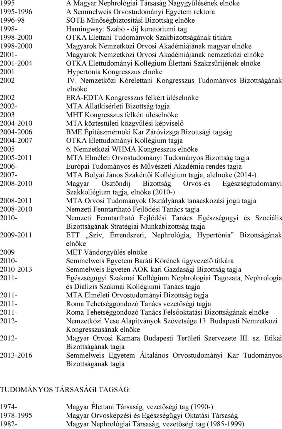 elnöke 2001-2004 OTKA Élettudományi Kollégium Élettani Szakzsűrijének elnöke 2001 Hypertonia Kongresszus elnöke 2002 IV.